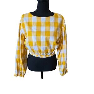 Sugar + Lips Yellow Gingham Puff Sleeve Crop Top Blouse T9426DR Large